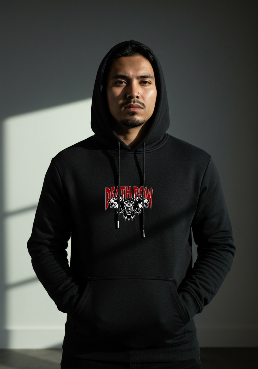 Person wearing a black hoodie with a graphic design on a dark background