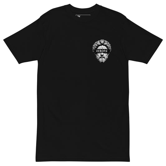 Black t-shirt with a white graphic design on a white background
