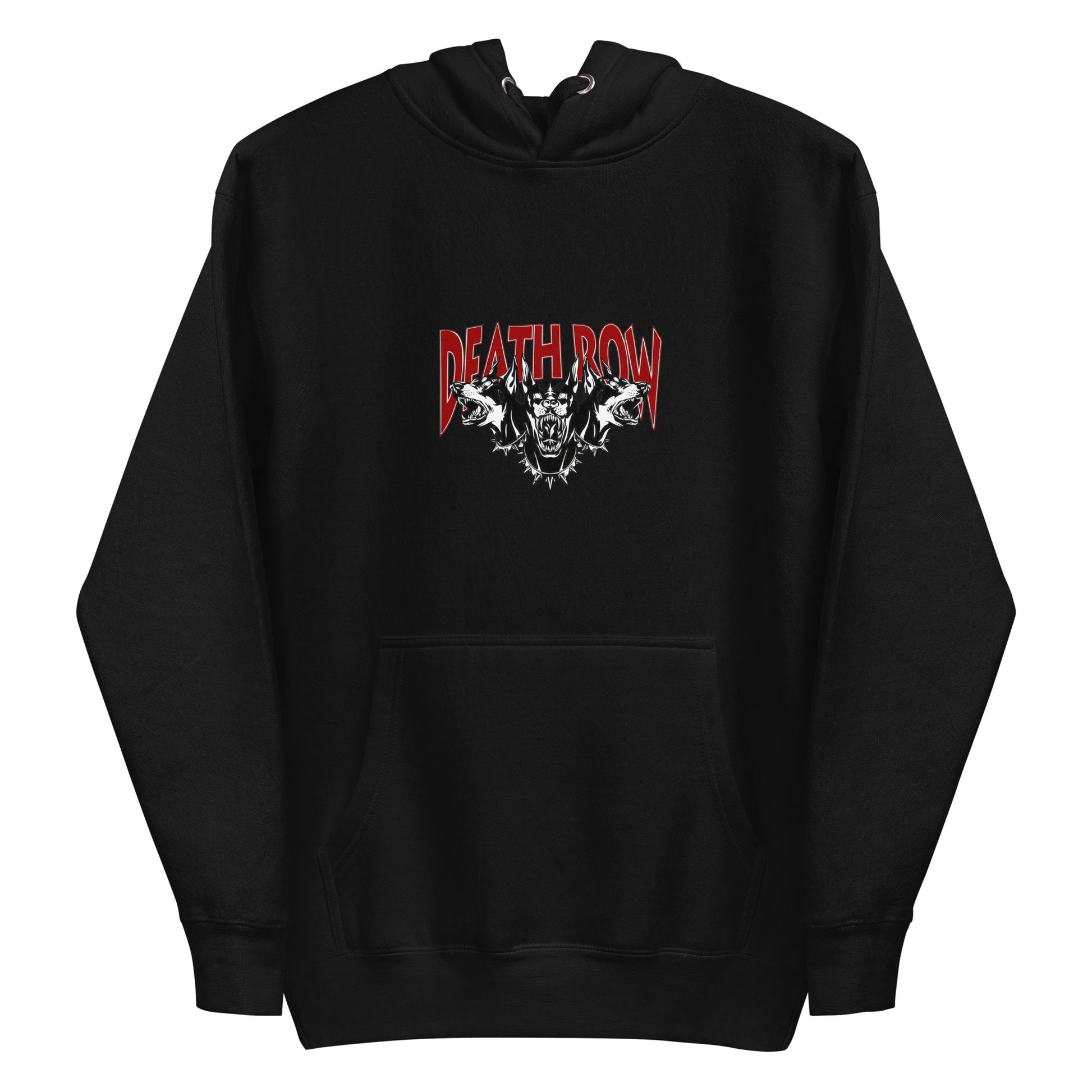 Black hoodie with 'DEATHROW' logo on the back against a gray background