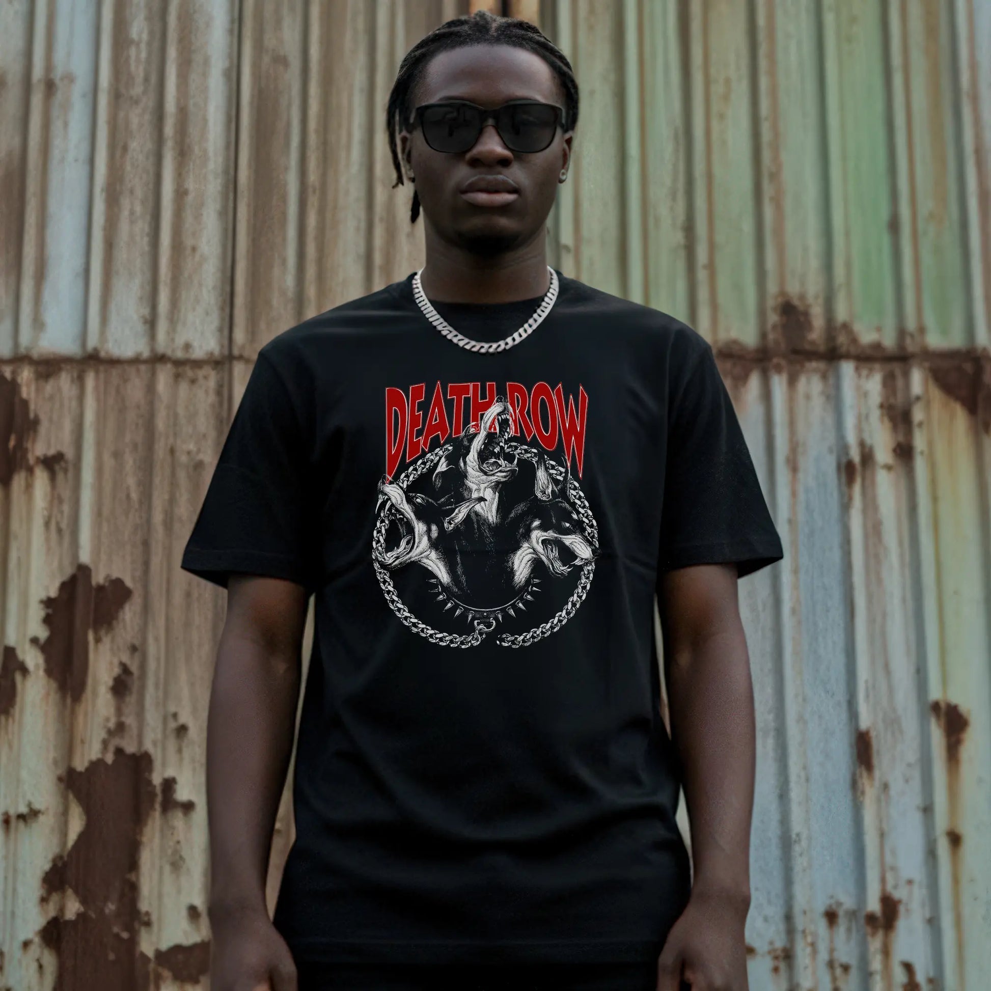 black t-shirt with 'Death Row' graphic design Lowrider Style.