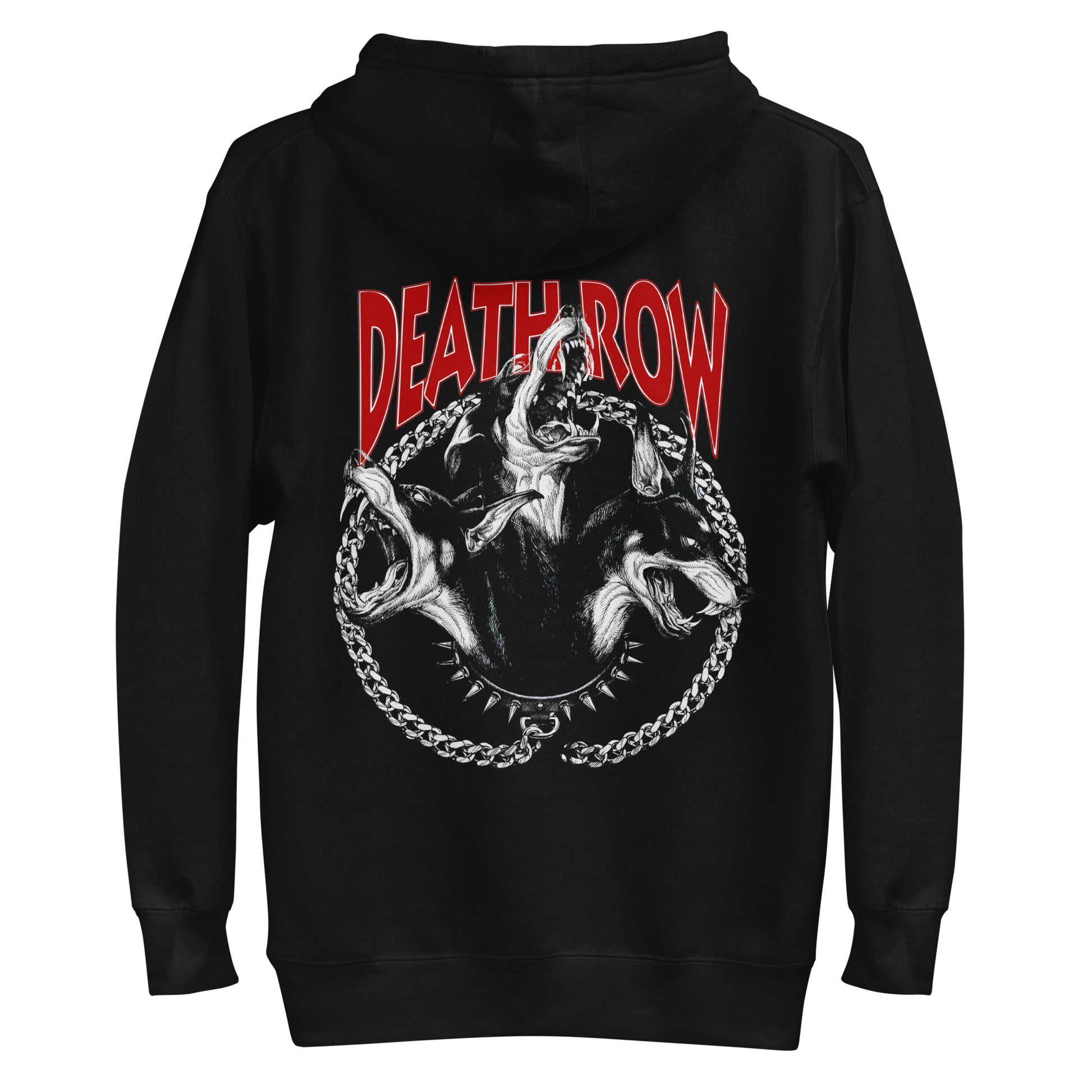 Black hoodie with 'DEATHROW' logo on the back against a gray background