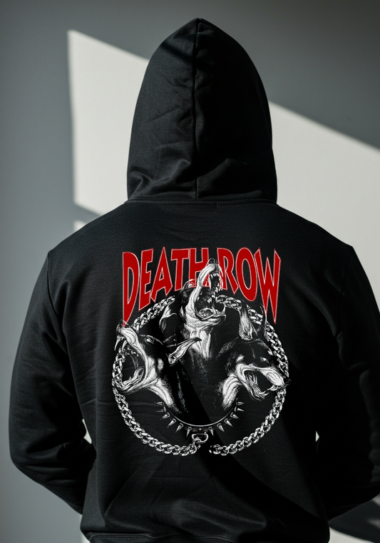Black hoodie with 'DEATHROW' logo on the back against a gray background