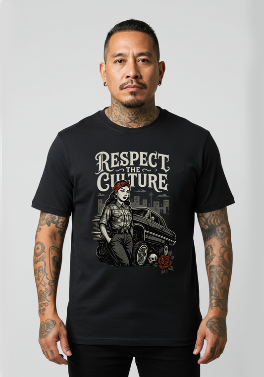Man wearing a black t-shirt with 'Respect the Culture' graphic design on a plain background