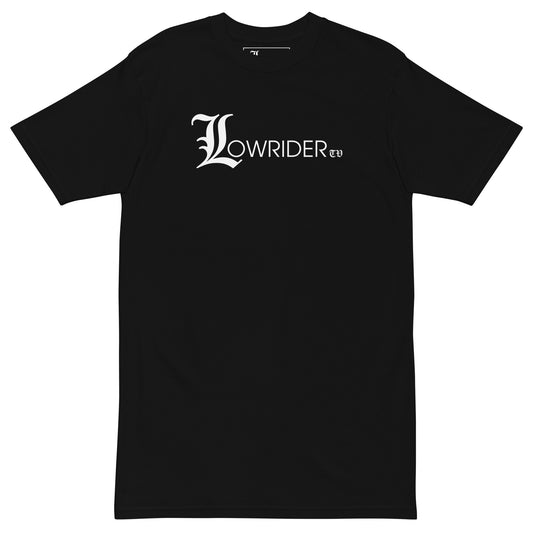 Black t-shirt with 'Lowrider' logo on a white background