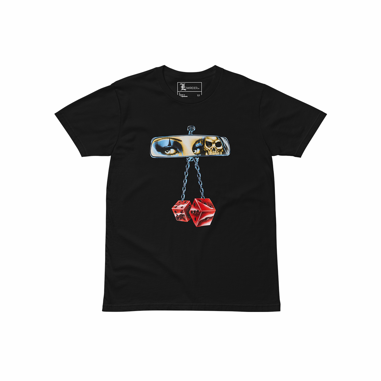 Lowrider Eyes T-shirt design featuring chrome rearview mirror with eyes, skull, and red hanging dice – West Coast lowrider streetwear, free worldwide shipping