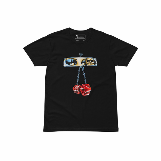 Lowrider Eyes T-shirt design featuring chrome rearview mirror with eyes, skull, and red hanging dice – West Coast lowrider streetwear, free worldwide shipping