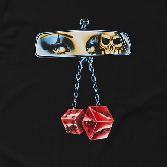 Brooch with a mirror, eyes, skull, and red dice on a black background, Lowrider style