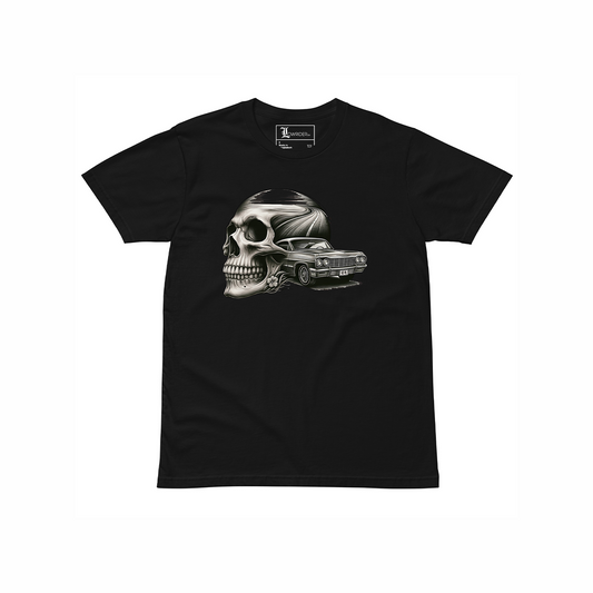 Lowrider Skull T-Shirt – bold graphic of skull with lowrider car elements, premium cotton streetwear, unisex fit, free worldwide shipping