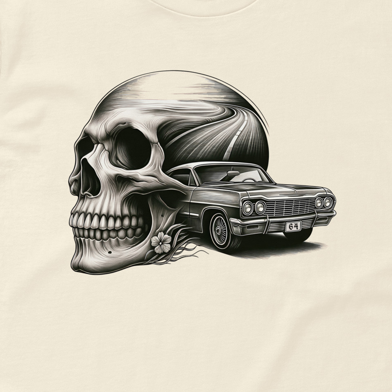 Skull design T shirt with a classic car on a beige background