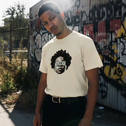 Person wearing a Natural t-shirt with a graphic design in front of a graffiti-covered wall lowrider style.
