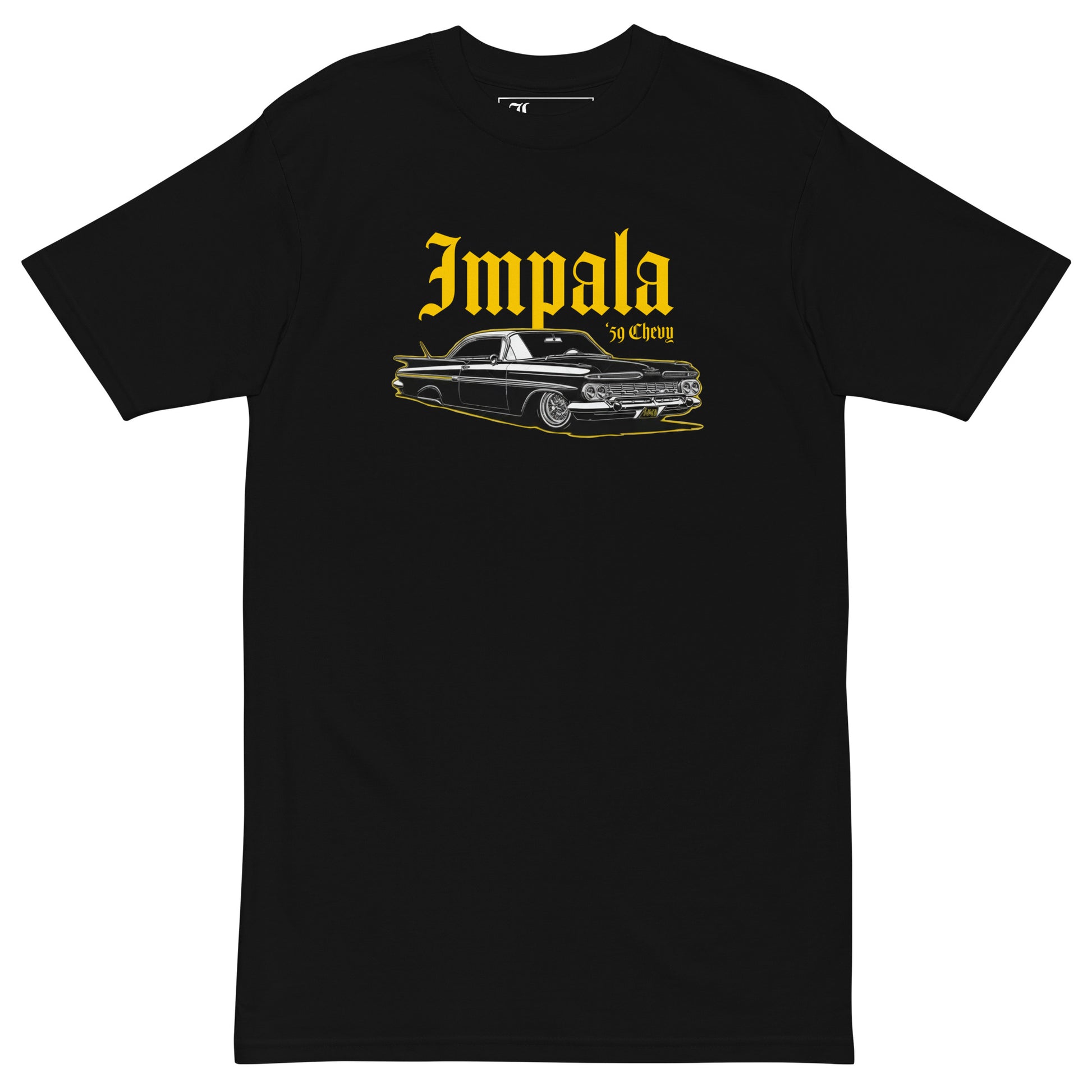 Black t-shirt with yellow 'Impala' and car graphic on a white background