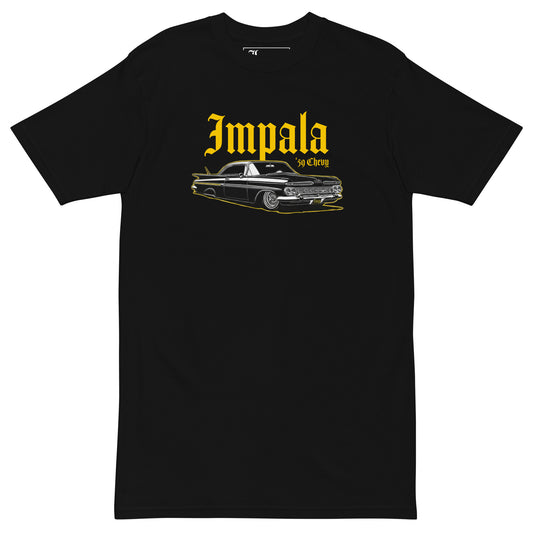 Black t-shirt with yellow 'Impala' and car graphic on a white background