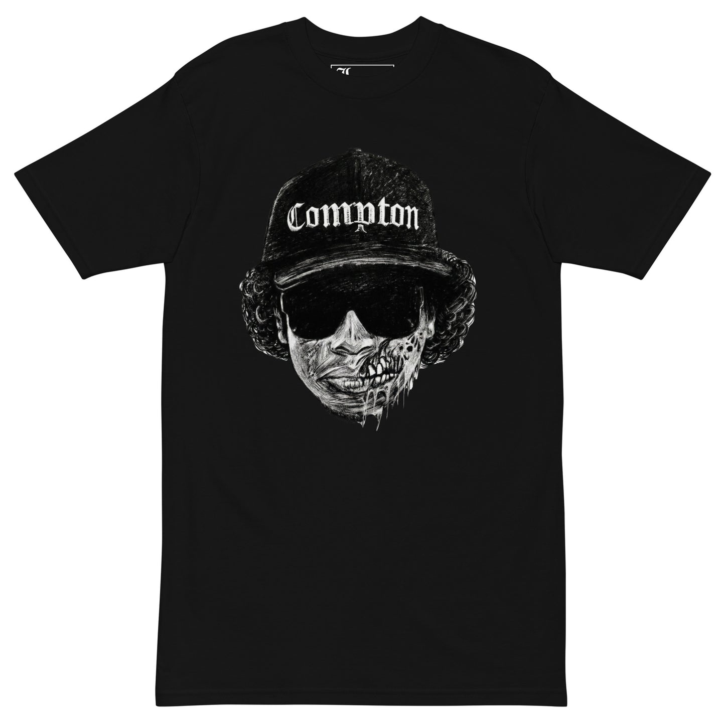 Black t-shirt with a graphic design of a person wearing a cap with 'Compton' printed on it, and a skull face mask.
