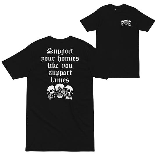 Black t-shirt with white text and skull designs on a white background